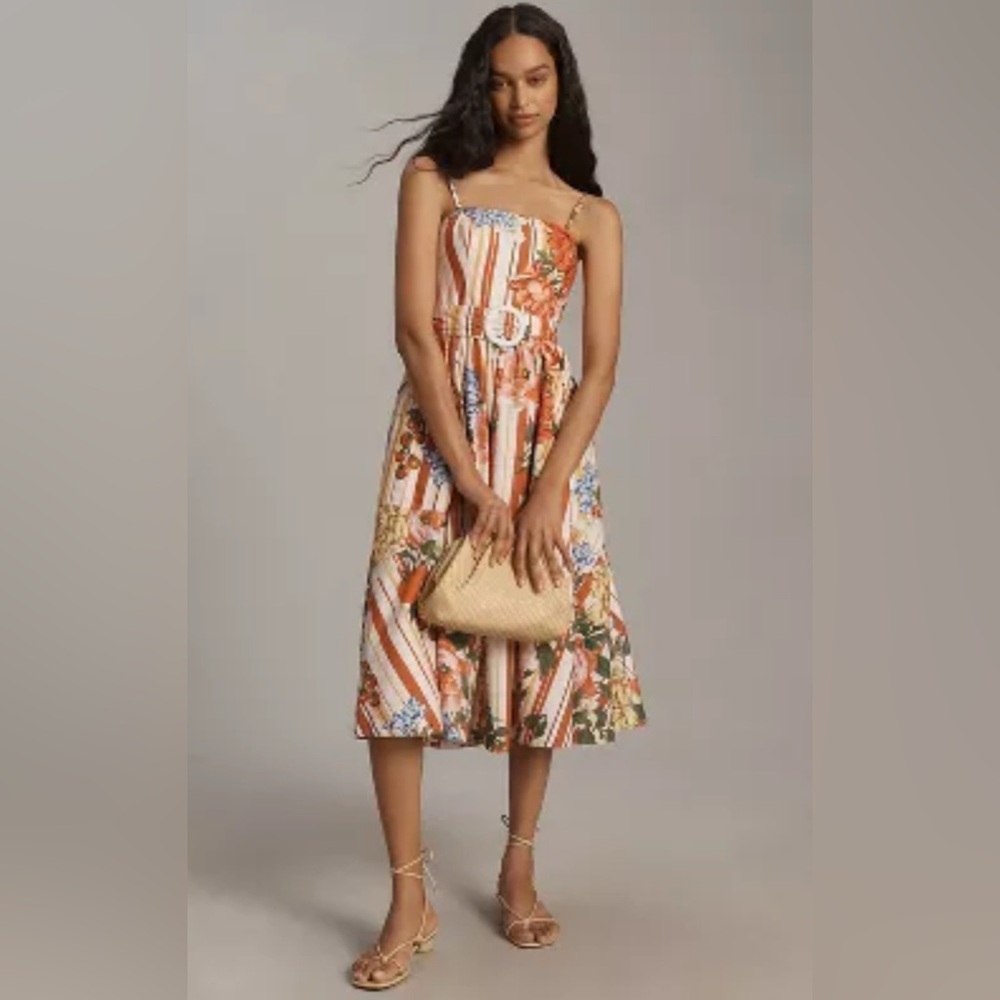 Maeve Striped Floral Midi Dress in Orange, White & Green